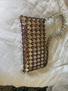Woven Cookie Clutch—Metallic Silver and Brown Mini Shoulder Bag